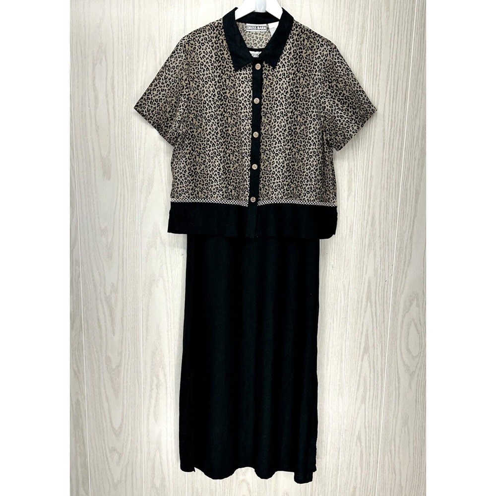 Dressbarn Shift Maxi Dress & Top Set Womens 14 Black Cheetah Print Linen Blend